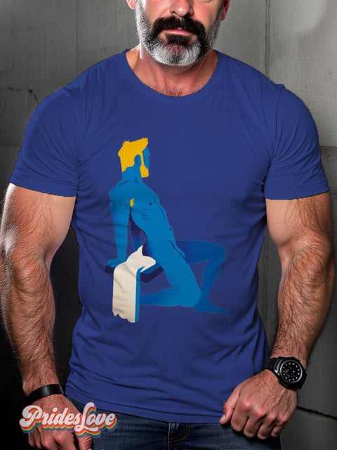 Men’s Gay Blue Blonde Naked Man With Beard Casual Print T-Shirt / S