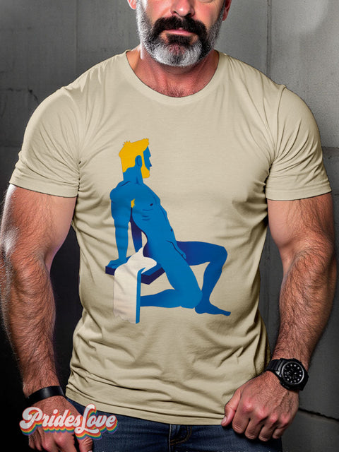 Men’s Gay Blue Blonde Naked Man With Beard Casual Print T-Shirt Sand / S