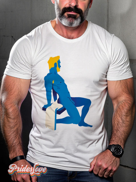 Men’s Gay Blue Blonde Naked Man With Beard Casual Print T-Shirt White / S