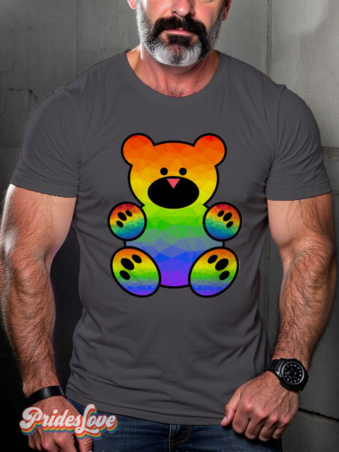 Men’s Gay Pride Bear Rainbow Casual Print T-Shirt Grey / S