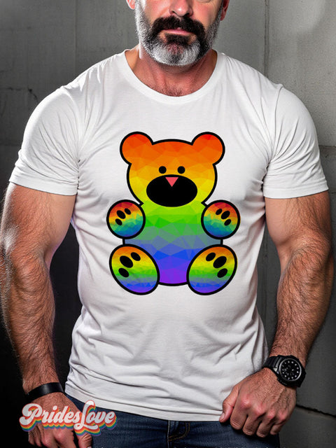 Men’s Gay Pride Bear Rainbow Casual Print T-Shirt White / S