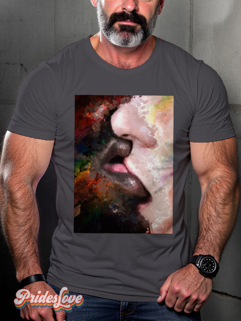 Men’s Gay Pride In Passion Kiss Casual Print T-Shirt Grey / S