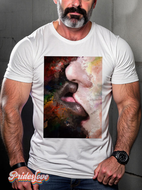 Men’s Gay Pride In Passion Kiss Casual Print T-Shirt White / S