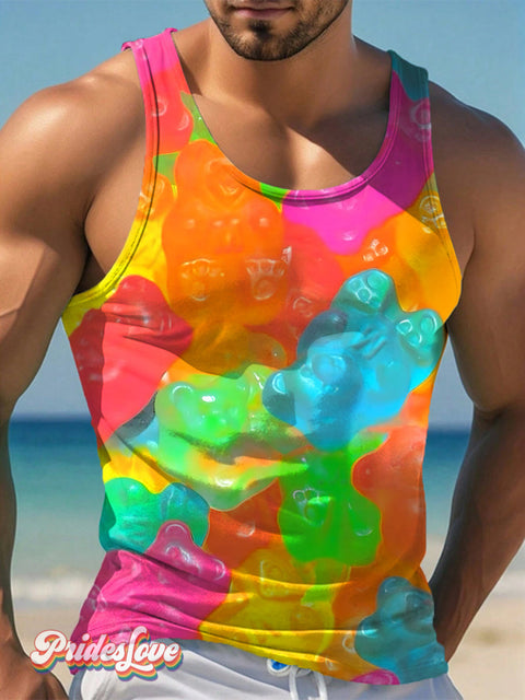 Men’s Gay Pride Multicolor Gummy Bears Fun Print Tank Top Multicolor / S