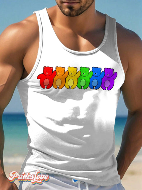 Men’s Gay Pride Rainbow Bear Fun Print Tank Top White / S