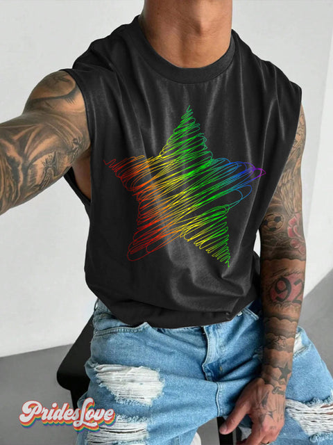 Men’s Gay Rainbow Star Lgbt Lesbian Wide Shoulder Vest Black / S