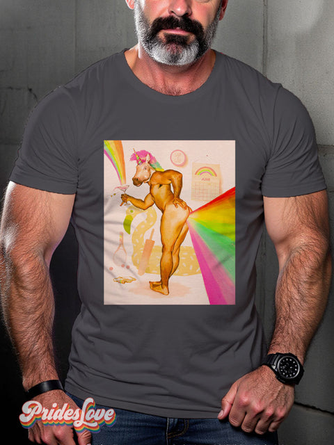 Men’s Gay Unicorn Pride Rainbow Casual Print T-Shirt