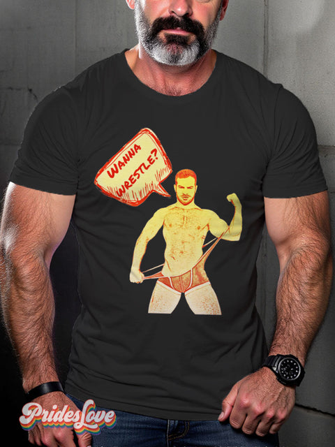 Men’s Gay Wanna Wrestle Pride Casual Print T-Shirt Black / S