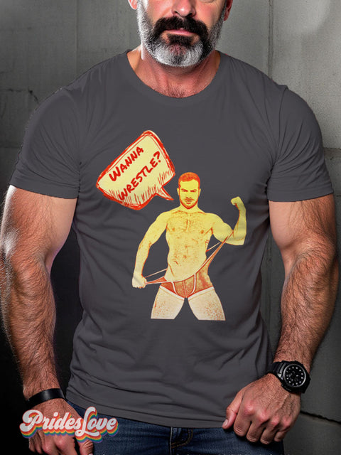 Men’s Gay Wanna Wrestle Pride Casual Print T-Shirt Grey / S