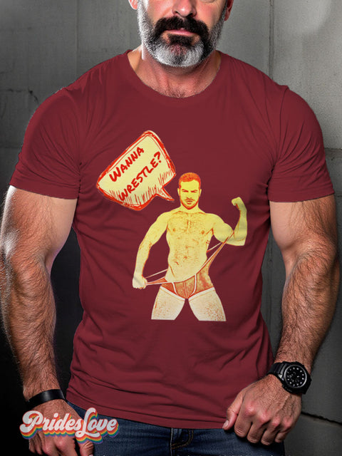 Men’s Gay Wanna Wrestle Pride Casual Print T-Shirt Maroon / S