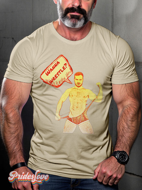 Men’s Gay Wanna Wrestle Pride Casual Print T-Shirt Sand / S