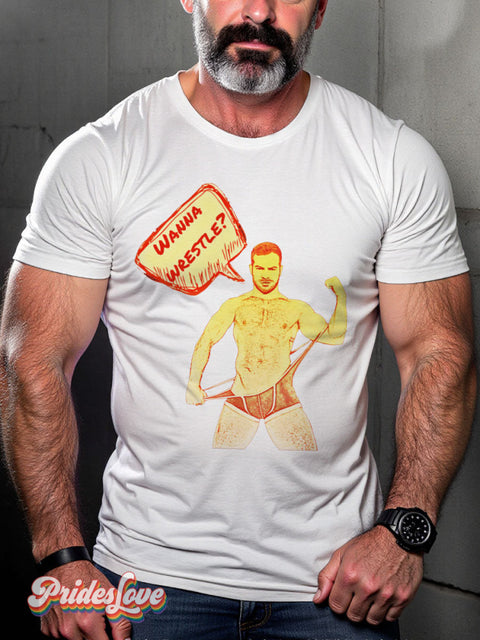 Men’s Gay Wanna Wrestle Pride Casual Print T-Shirt White / S