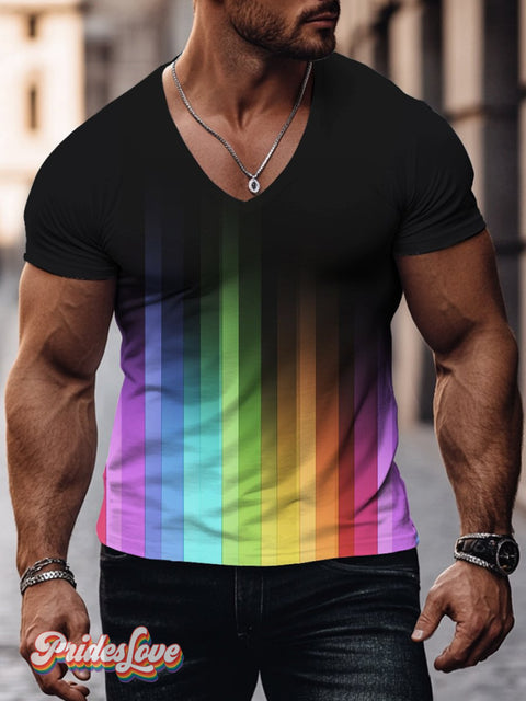 Men’s Gradient Rainbow Stripes Gay Print V-Neck T-Shirt Multicolor / S