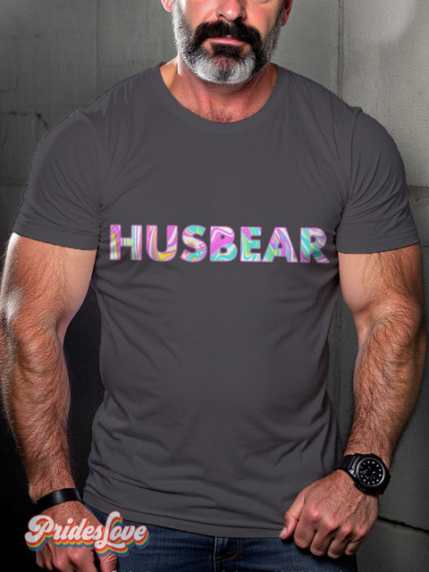 Men’s HUSBEAR In Psychedelic Colours Pride LGBT Gay Pride Art Casual Print T-shirt Grey / S