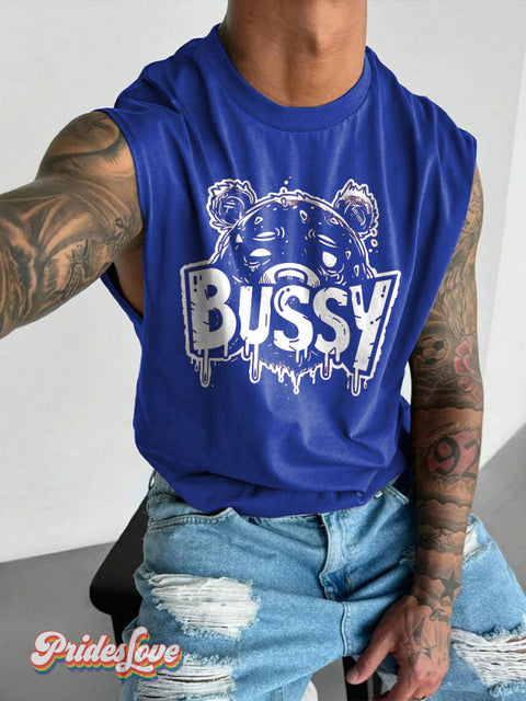 Men’s LGBT Bear Daring Drip ’Bussy’ Casual Print Wide Shoulder Vest Blue / S