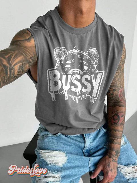 Men’s LGBT Bear Daring Drip ’Bussy’ Casual Print Wide Shoulder Vest Grey / S