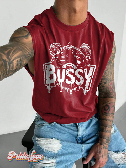 Men’s LGBT Bear Daring Drip ’Bussy’ Casual Print Wide Shoulder Vest Maroon / S