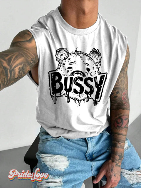 Men’s LGBT Bear Daring Drip ’Bussy’ Casual Print Wide Shoulder Vest White / S