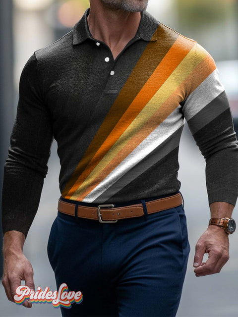 Men’s Lgbt Gay Bear Stripes Ray Bloom Art Print Buttons Long Sleeve Polo Colorful / S