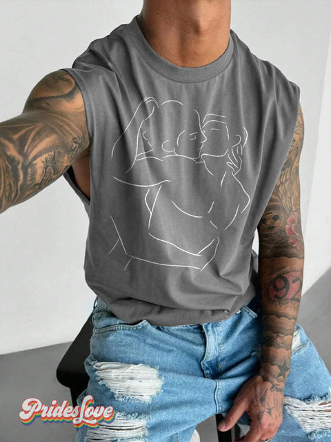 Men’s LGBT Gay Couple Nude Line Art Wide Shoulder Vest Grey / S