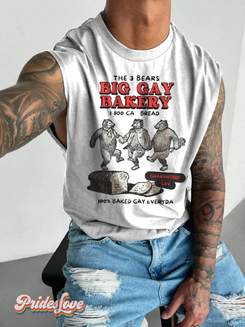 Men’s LGBT Gay Pride 3 Bears Gay Bakery Print Wide Shoulder Vest White / S