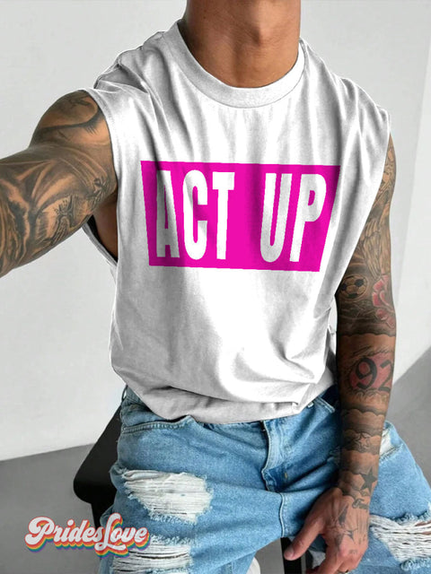 Men’s LGBT Gay Pride Act Up Art Wide Shoulder Vest White / S