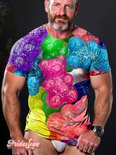 Men’s LGBT Gay Pride Bear Gummy Color Art Casual Print T-Shirt