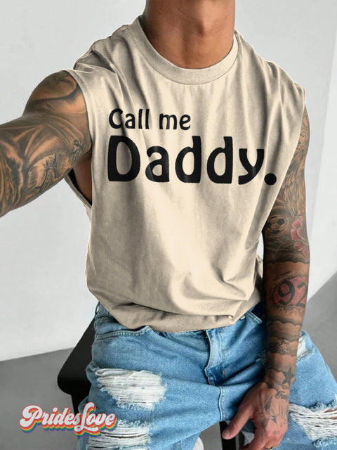 Men’s LGBT Gay Pride Call Me Daddy Print Wide Shoulder Vest Beige / S