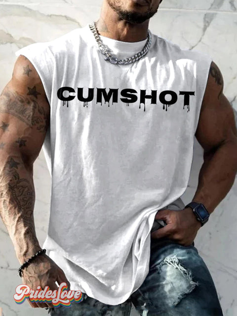 Men’s LGBT Gay Pride Cumshot Print Wide Shoulder Vest White / S