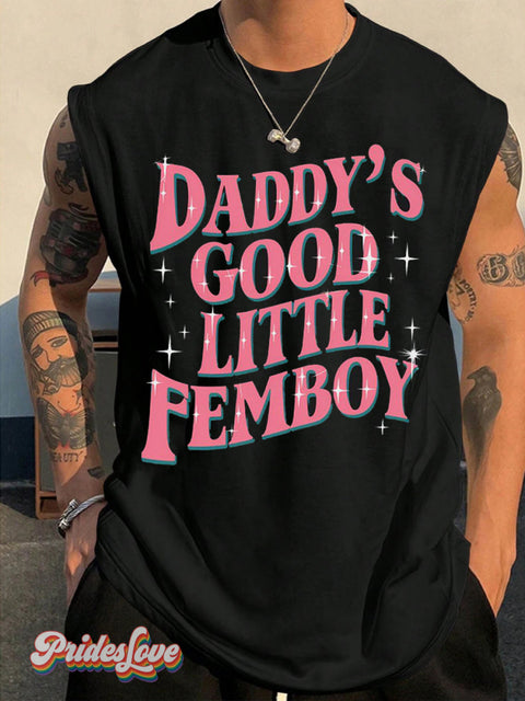 Men’s LGBT Gay Pride Daddy’s Good Little Pemboy Print Wide Shoulder Vest Black / S