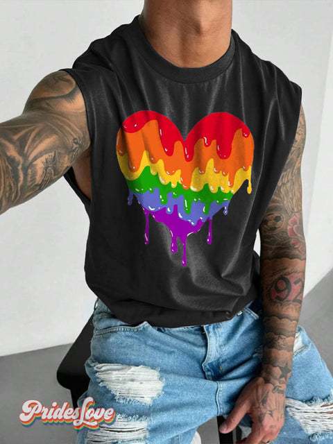 Men’s LGBT Gay Pride Flowing Rainbow Heart Art Wide Shoulder Vest Black / S