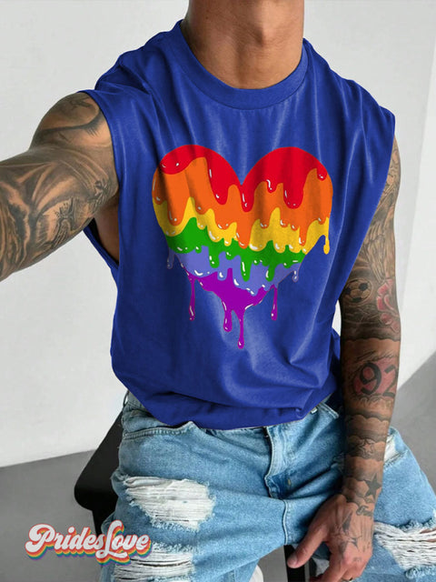 Men’s LGBT Gay Pride Flowing Rainbow Heart Art Wide Shoulder Vest Blue / S