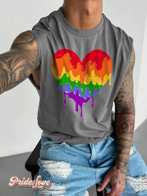 Men’s LGBT Gay Pride Flowing Rainbow Heart Art Wide Shoulder Vest Grey / S