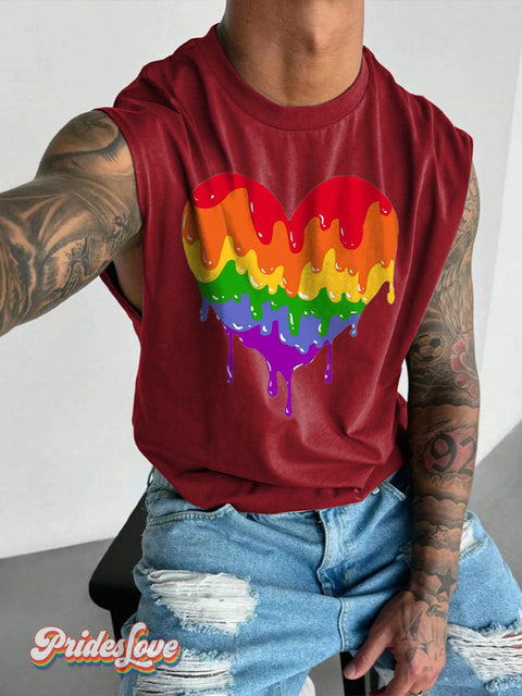 Men’s LGBT Gay Pride Flowing Rainbow Heart Art Wide Shoulder Vest Maroon / S