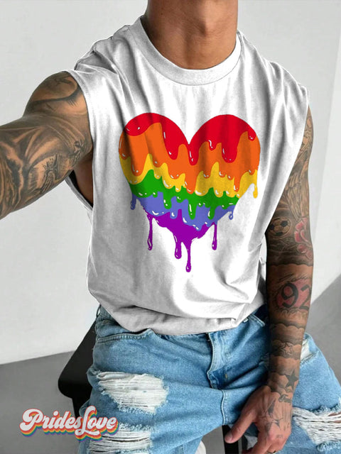 Men’s LGBT Gay Pride Flowing Rainbow Heart Art Wide Shoulder Vest White / S