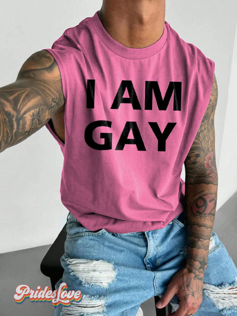 Men’s LGBT Gay Pride I Am Gay Print Wide Shoulder Vest Pink / S