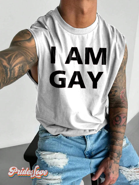 Men’s LGBT Gay Pride I Am Gay Print Wide Shoulder Vest White / S