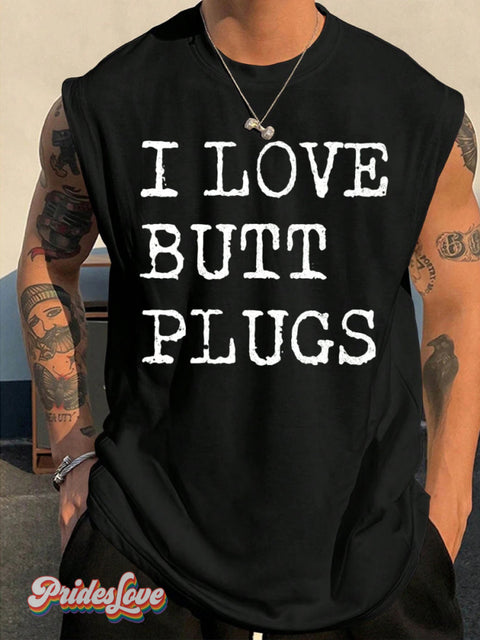 Men’s LGBT Gay Pride I Love Butt Plugs Print Wide Shoulder Vest Black / S