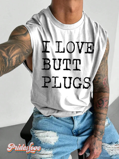 Men’s LGBT Gay Pride I Love Butt Plugs Print Wide Shoulder Vest White / S