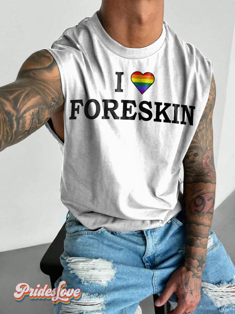 Men’s LGBT Gay Pride I Love Foreskin Print Wide Shoulder Vest Multicolor / S
