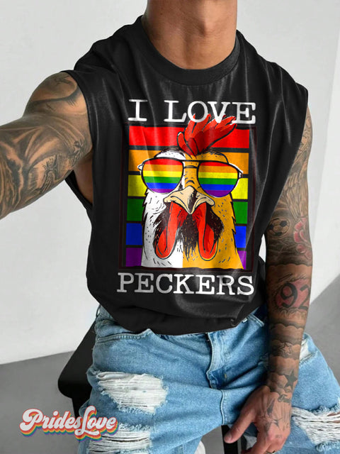 Men’s LGBT Gay Pride I Love Peckers Print Wide Shoulder Vest Multicolor / S