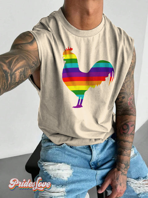 Men’s LGBT Gay Pride Rainbow Cock Print Wide Shoulder Vest Beige / S