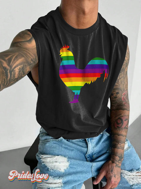 Men’s LGBT Gay Pride Rainbow Cock Print Wide Shoulder Vest Black / S