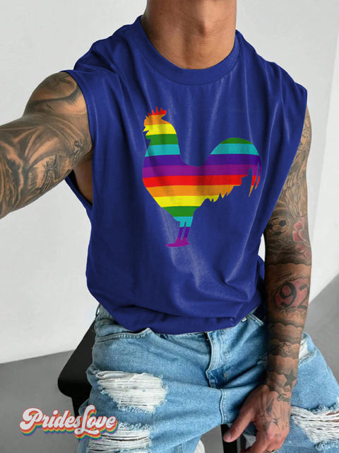 Men’s LGBT Gay Pride Rainbow Cock Print Wide Shoulder Vest Blue / S