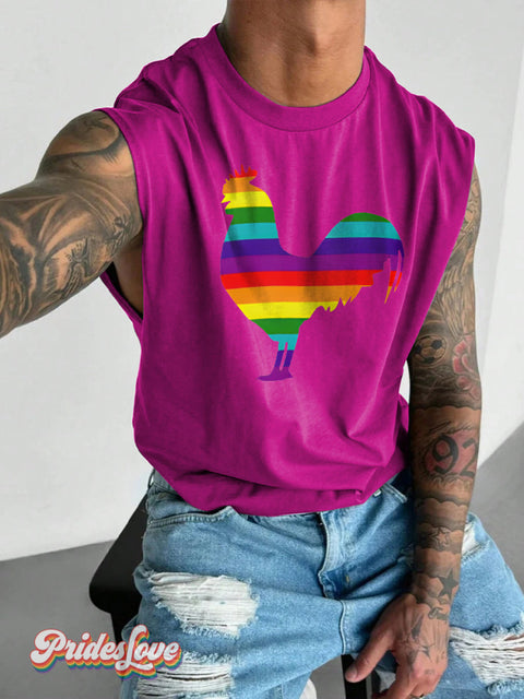 Men’s LGBT Gay Pride Rainbow Cock Print Wide Shoulder Vest Pink / S