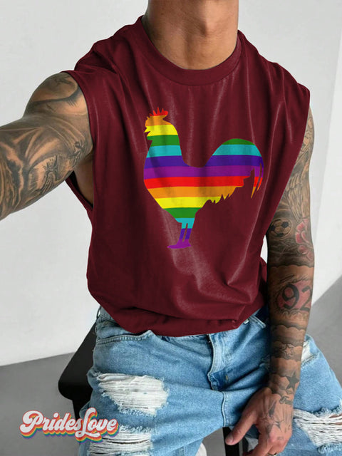Men’s LGBT Gay Pride Rainbow Cock Print Wide Shoulder Vest Red / S