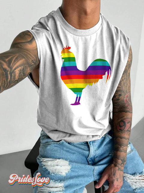 Men’s LGBT Gay Pride Rainbow Cock Print Wide Shoulder Vest White / S
