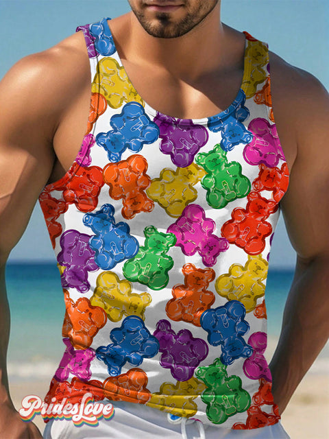 Men’s LGBT Gay Pride Rainbow Gummy Bears Print Tank Top Multicolor / S