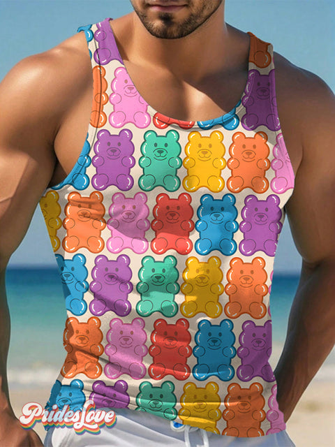 Men’s LGBT Gay Pride Rainbow Gummy Bears Print Tank Top Multicolor / S