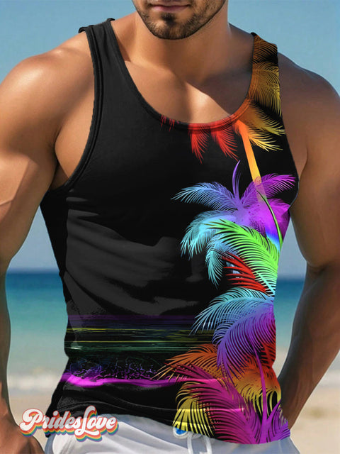 Men’s LGBT Gay Pride Rainbow Palm Tree Art Tank Top Multicolor / S